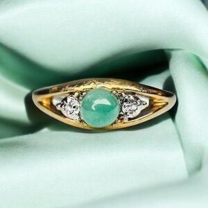 10k Gold-Natural Brazilian Emerald & Diamond Ring- -Size 7- 1/3CT Cabochon -1.6g